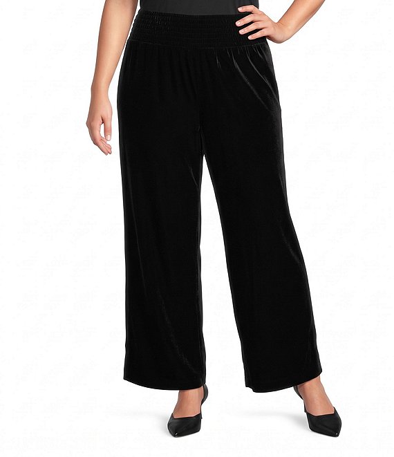 John Mark Plus Size Velvet Wide Leg Smocked Waist Pull-On Pants