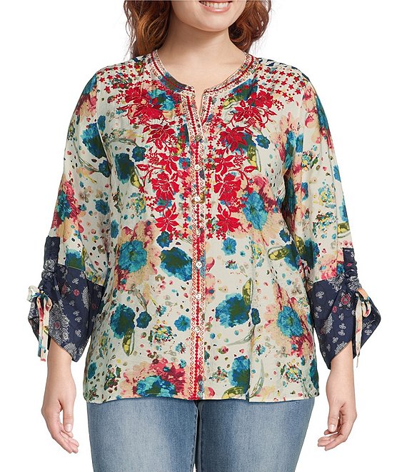 John Mark Plus Size Watercolor Print Floral Embroidered Y-Neck Cinched Sleeve Button-Front Tunic