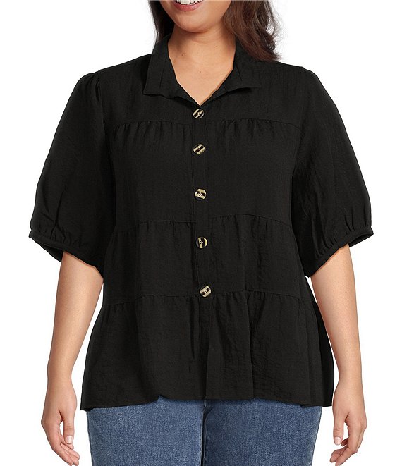John Mark Plus Size Wire Collar Short Sleeve Tiered Button Front Top