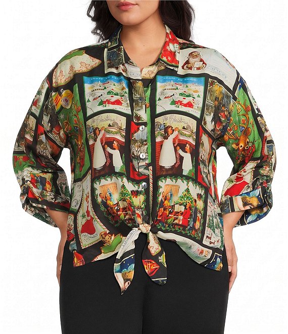 John Mark Plus Size Woven Christmas Holiday Point Collar Short Cinched Dolman Sleeve Button Tie Front Shirt