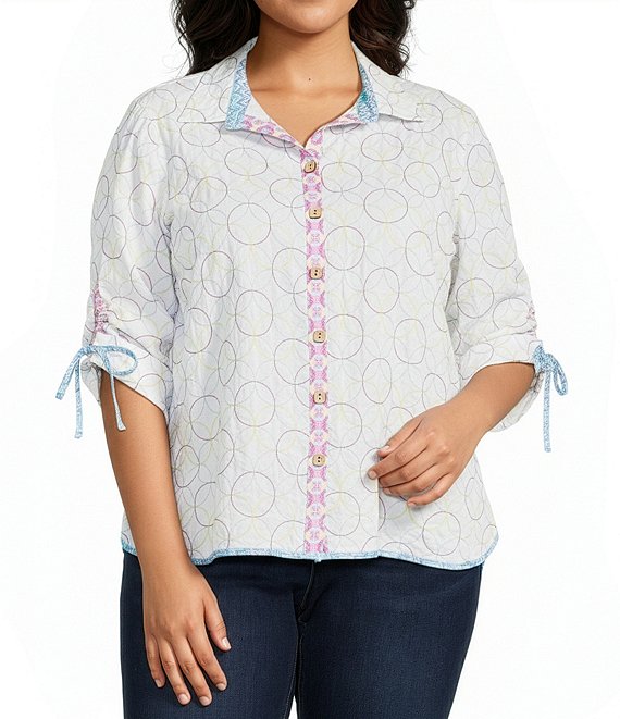 John Mark Plus Size Woven Embroidered Multi Colored Circles Point Collar 3/4 Cinched Sleeve Button Front Top