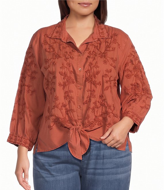 John Mark Plus Size Woven Floral Embriordered Beaded Point Collar 3/4 Sleeve Tie-Front Blouse