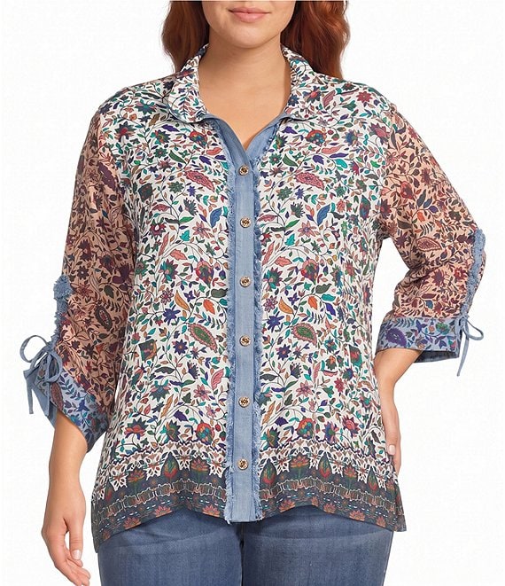 John Mark Plus Size Woven Multi Floral Wire Collar Long Cinched Sleeve Button-Front Shirt