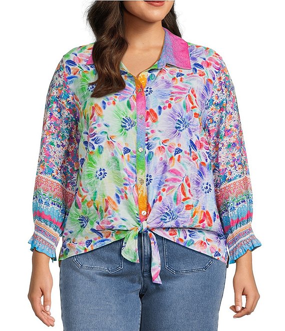 John Mark Plus Size Woven Multi Mixed Print Point Collar Long Ruffle Cuffed Sleeve Button Front Tie Blouse