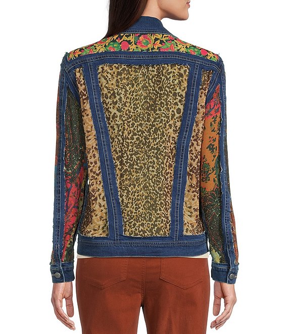 Color:Multi - Image 2 - Point Collar Long Cuff Sleeve Cut-Out Multi Print Patch Denim Jacket