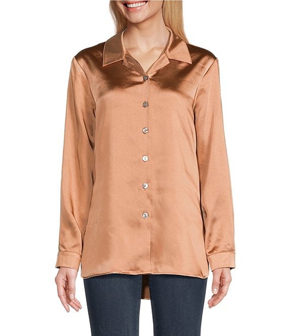 Color:Bronze - Image 1 - Satin Woven Point Collar Long Sleeve Button Front Top