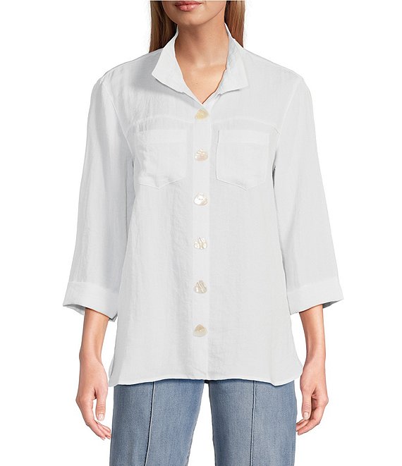 John Mark Solid Woven 3/4 Sleeve Wire Collared Button Front Patch Pocket Camp Shirt