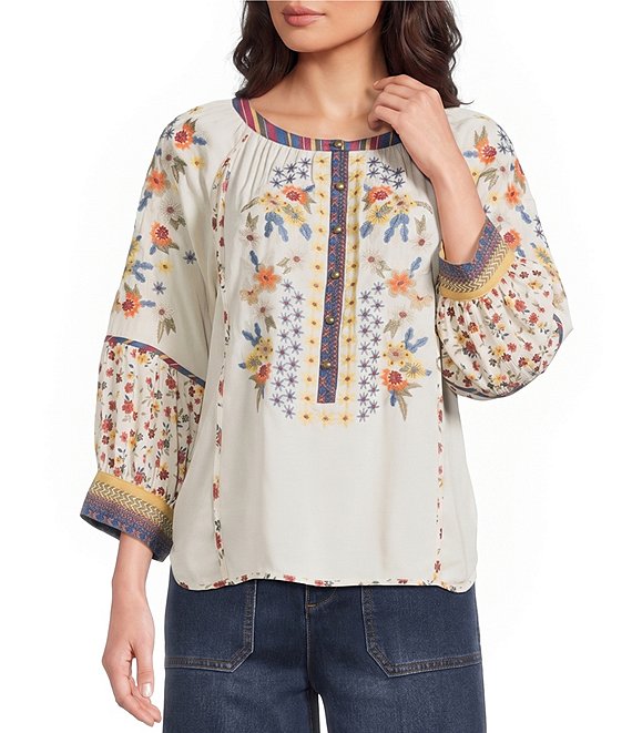 John Mark Woven Ditsy Floral Print Embroidered Scoop Neck 3/4 Sleeve Pullover Top