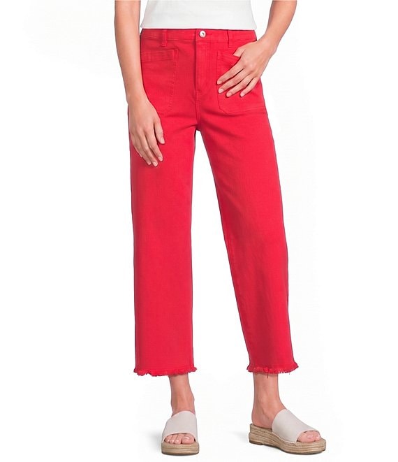 John Mark Woven Embroidered Patch Pocket Frayed Wide Leg Jeans