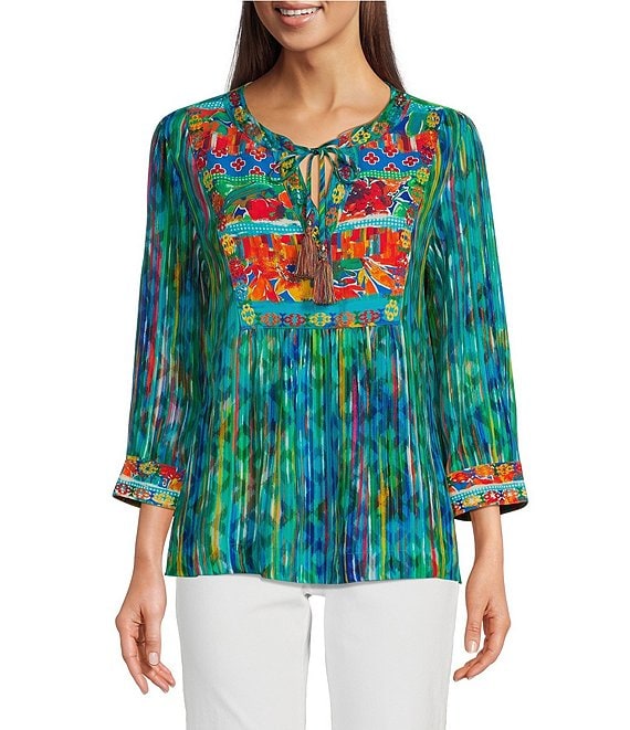 John Mark Woven Embroidered Printed Split V-Neck 3/4 Sleeve John Mark Woven Embroidered Printed Split V-Neck 3/4 Sleeve