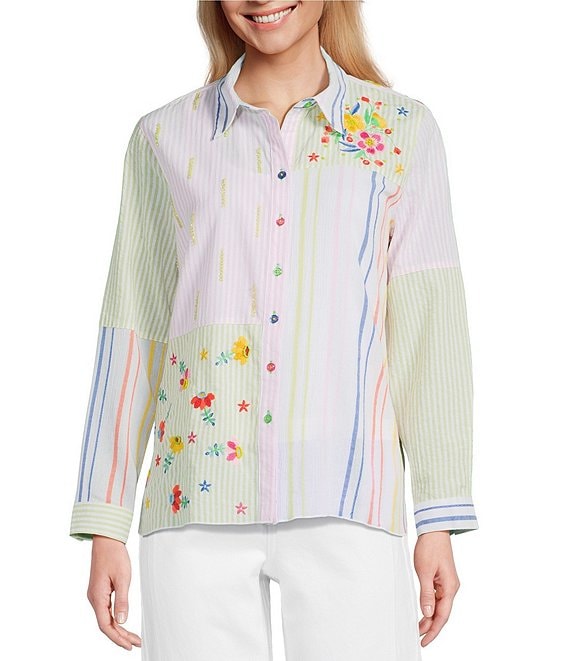 John Mark Woven Embroidered Striped Patchwork Point Collar Roll-Tab Long Sleeve Button Front Shirt