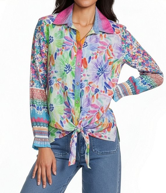 John Mark Woven Multi Floral Stripe Mixed Print Point Collar Long Ruffle Cuffed Sleeve Button Front Tie Blouse