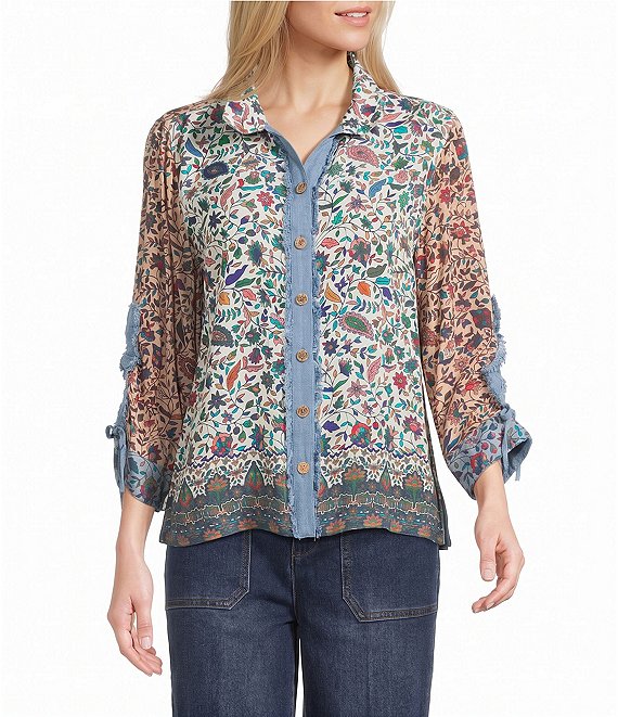 John Mark Woven Multi Floral Wire Collar Long Cinched Sleeve Button-Front Shirt