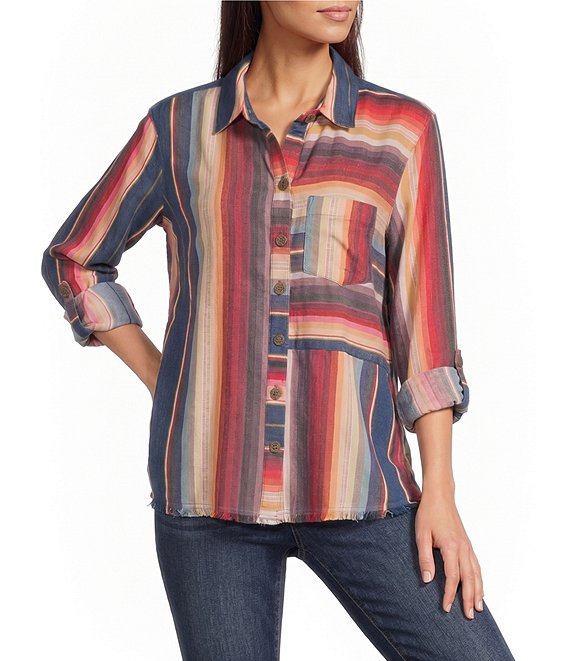 John Mark Woven Multi Stripe Point Collar Long Sleeve Shirt