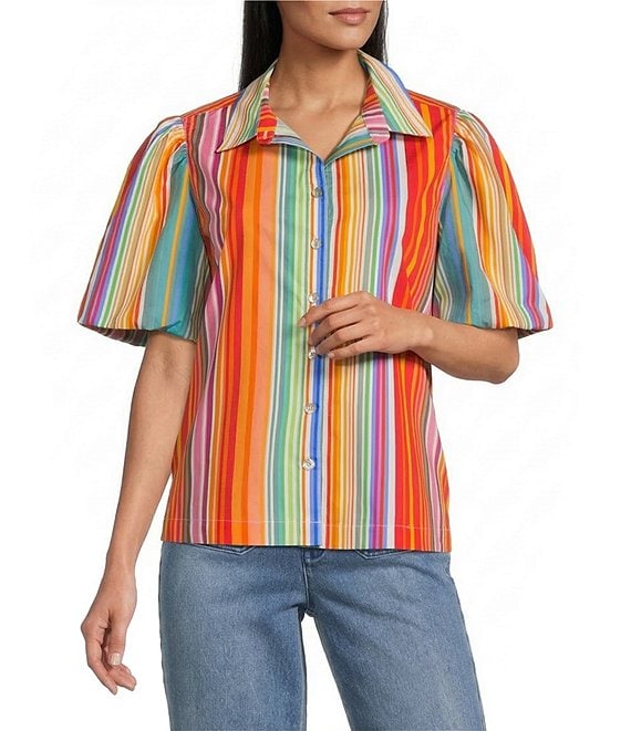 John Mark Woven Multi Stripe Point Collar Short Puff Sleeve Button Front Shirt