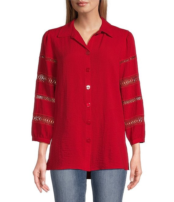 Color:Wine - Image 1 - Woven Point Collar Button Cuff Sleeve Embroidered Button Front Shirt