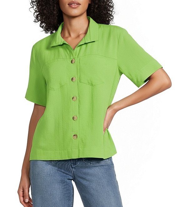 John Mark Woven Solid Wire Collar Short Sleeve Button Front Shirt