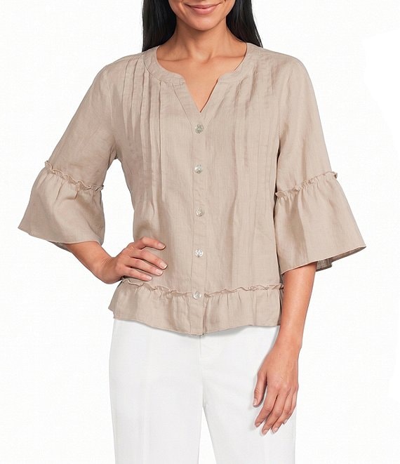 John Mark Woven Split V-Neck 3/4 Ruffle Sleeve Button-Front Blouse
