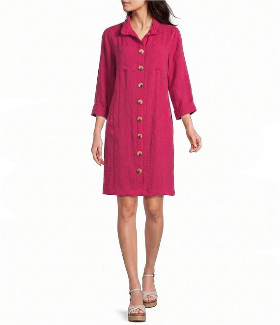 John Mark Woven Wire Collar 3/4 Sleeve Button Front Shirt Dress