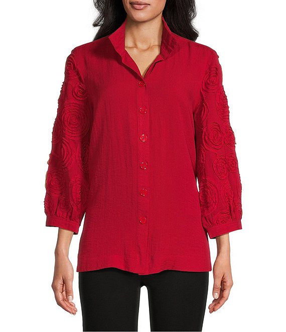 Color:Scarlet - Image 1 - Woven Wire Point Collar 3/4 Cuffed Sleeve 3D Rosette Flower Button Front Tunic