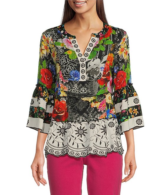 John Mark Y-Neck 3/4 Sleeve Embroidered Flounce Hem Blouse