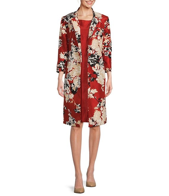 Color:Paprika - Image 1 - Printed Floral Shatung Stand Collar 3/4 Sleeve Button Front Coat Dress
