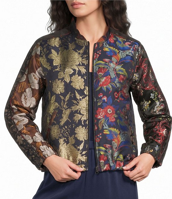 JOHNNY WAS Amandie Mixed Floral Print Jacquard Long Sleeve Zip-Front Bomber Jacket