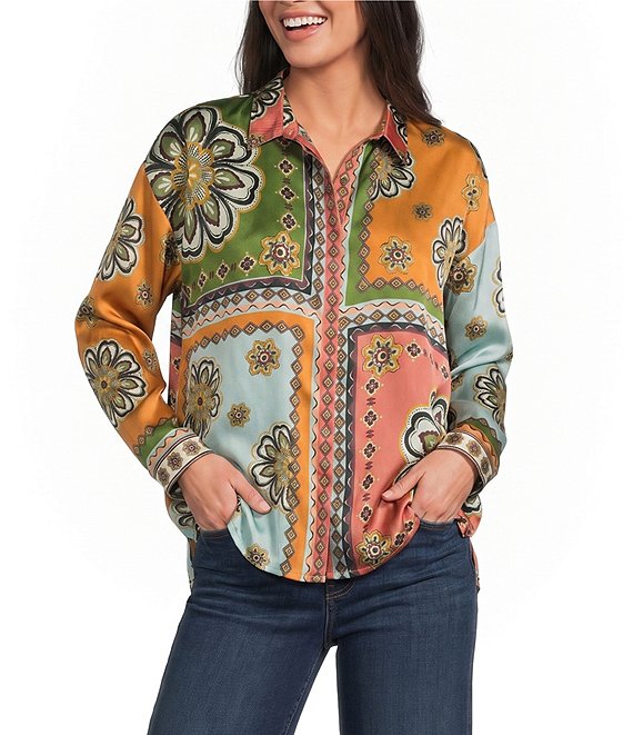 JOHNNY WAS Audrey Patch Print Point Collar Long Sleeve Hidden Placket Button-Front Shirt