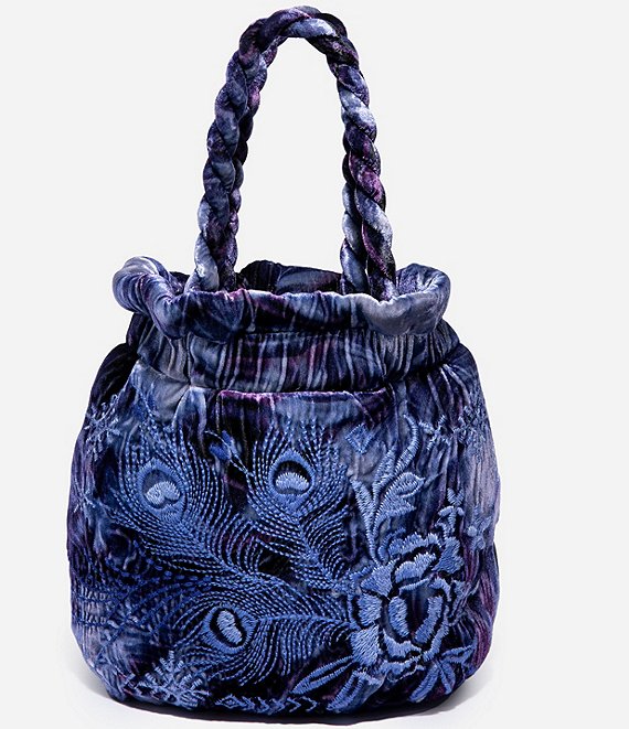 Johnny Was Azure Embroidered Velvet Pouch Bucket Bag