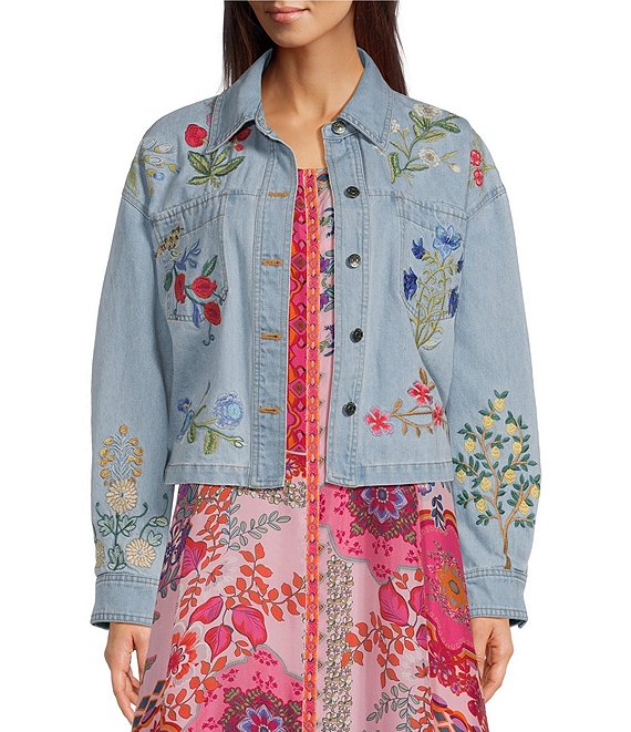 JOHNNY WAS Beatrix Denim Floral Embroidered Point Collar Long Sleeve Jacket