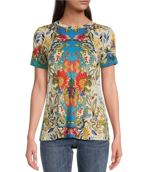 JOHNNY WAS Blue Favorite Floral Print Bamboo Knit Jersey Crew Neck ...
