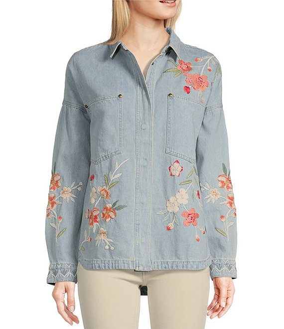 JOHNNY WAS Cherri Floral Embroidered Point Collar Long Sleeve Snap ...