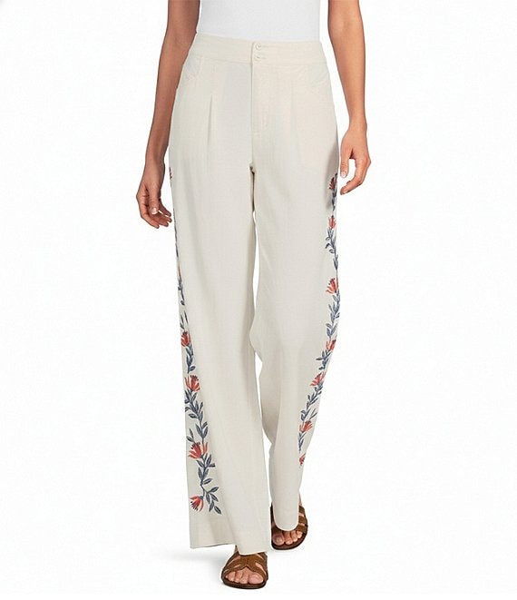 JOHNNY WAS Elizabeth Coordinating Linen Blend Side Floral Embroidered Wide Leg Single Front Pleat Pull-On Pants