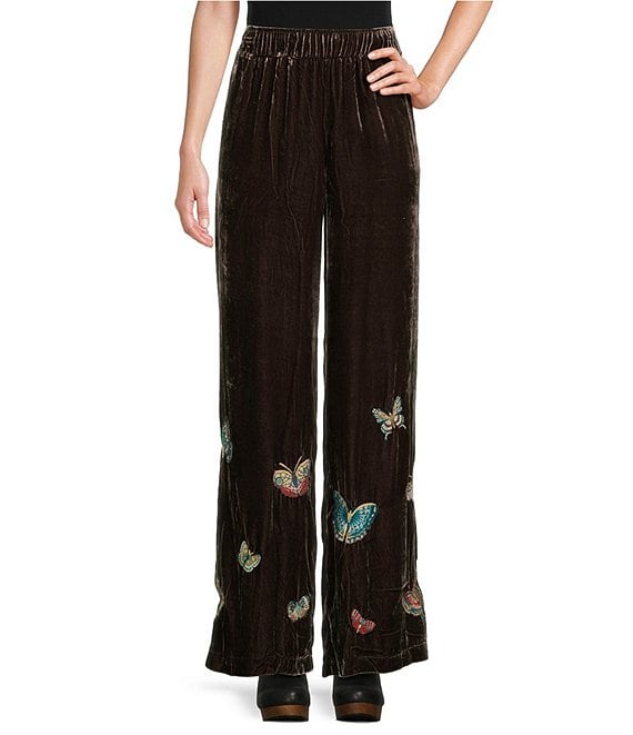 JOHNNY WAS Embroidered Velvet Floral Wide Leg Coordinating Pull-On Pants