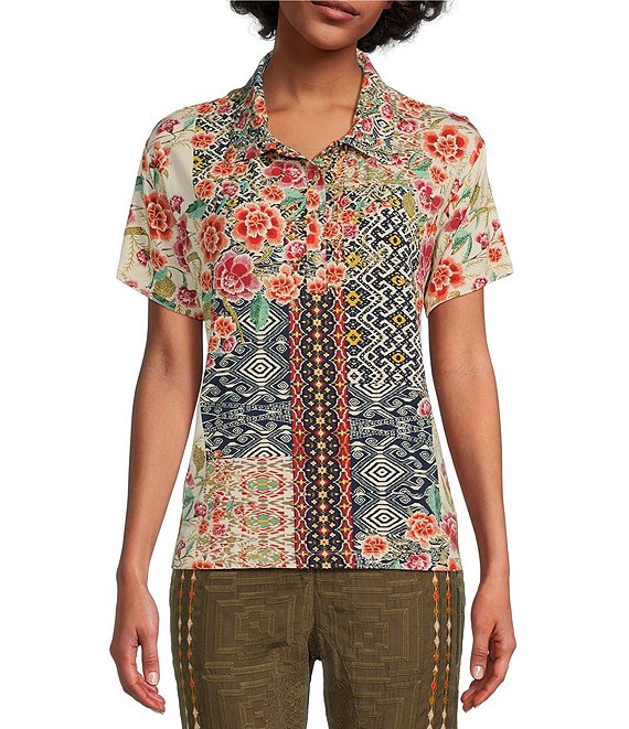 JOHNNY WAS Geo Floral Print Bamboo Knit Spread Collar Short Sleeve Top