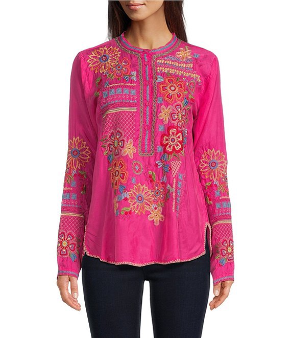 JOHNNY WAS Katie Embroidered Floral Geo Motif Long Sleeve Half