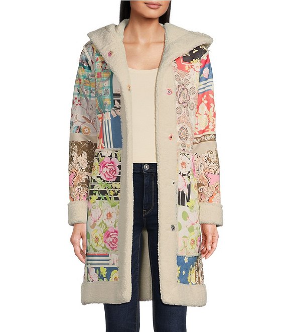 Color:Multi - Image 1 - Kerry Vibrant Patchwork Print Faux Suede & Shearling Hooded Shawl Collar Snap-Front Coat
