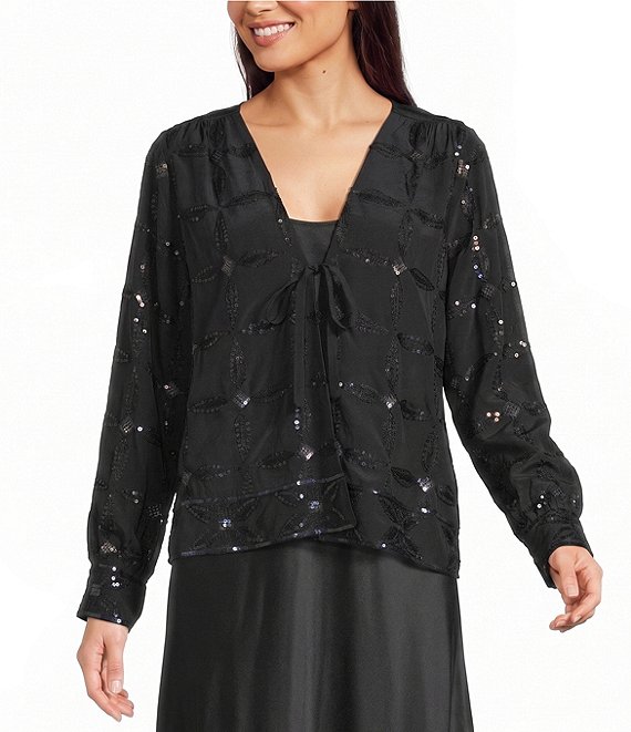 JOHNNY WAS Lesley Sequin Embellished Textured Woven Long Sleeve Tie-Front Jacket