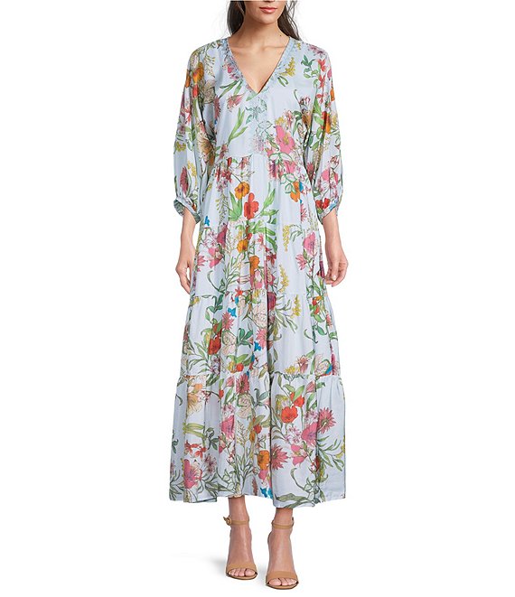 Color:Multi - Image 1 - Liliana Floral Print Silk V-Neck 3/4 Dolman Sleeve Tiered Maxi Dress