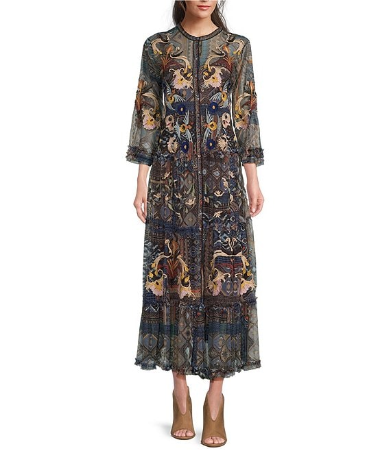 JOHNNY WAS Loane Floral and Bird Placement Embroidery Printed Mesh Knit 3/4  Sleeve Tiered Maxi Shirt Dress | Dillard's