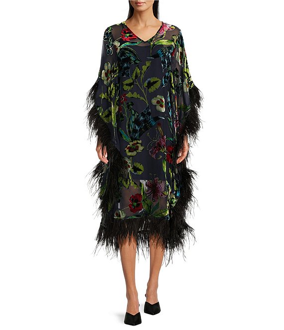 JOHNNY WAS Maple Floral Print Burnout Velvet V Neck Feather Trim