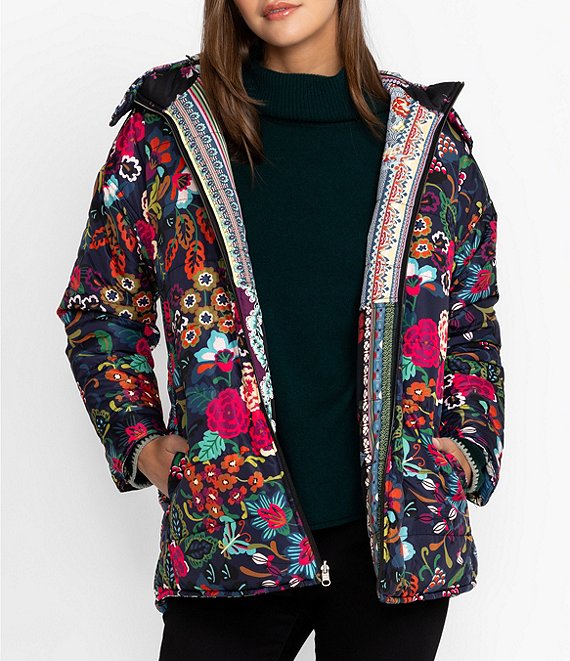 JOHNNY WAS Mauri Reversible Patchwork Floral and Paisley Pattern Hooded Stand Collar Puffer Jacket