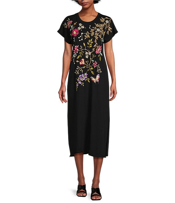 JOHNNY WAS Osaka Cotton Knit Embroidered Placement Floral Motif Short Sleeve Midi Shift Dress