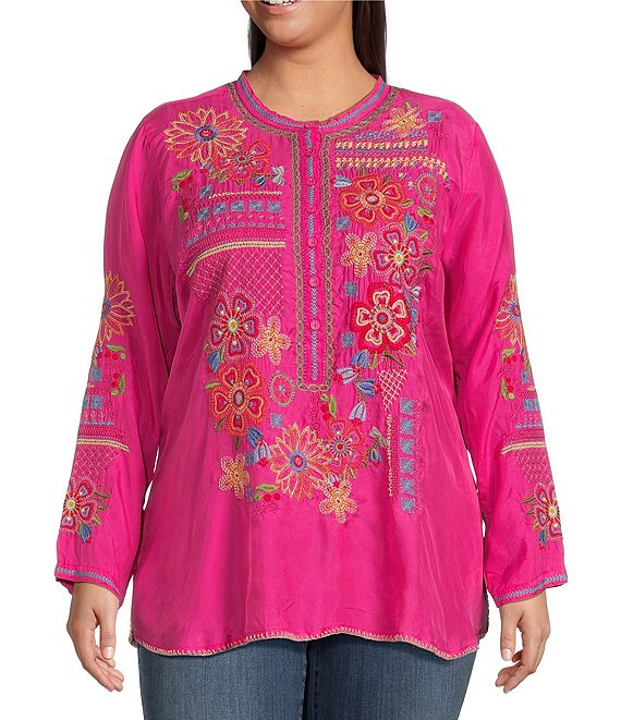 JOHNNY WAS Plus Size Katie Embroidered Floral Geo Motif Round Neck Long ...