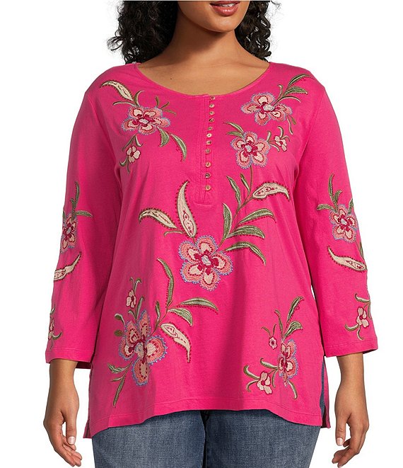 JOHNNY WAS Plus Size Libbi Knit Crew Neck 3/4 Sleeve Floral Embroidered ...