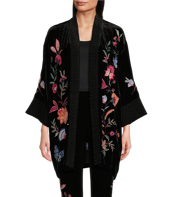 JOHNNY WAS Sandra Placement Floral Embroidered Velvet Open-Front Kimono ...