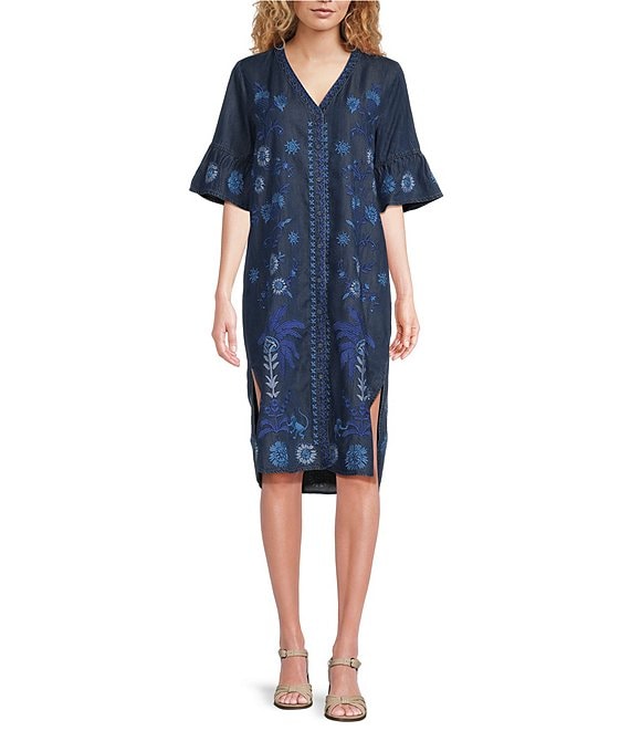 Johnny Was hot M Blue Knit Embroidered V Neck Shift Dress