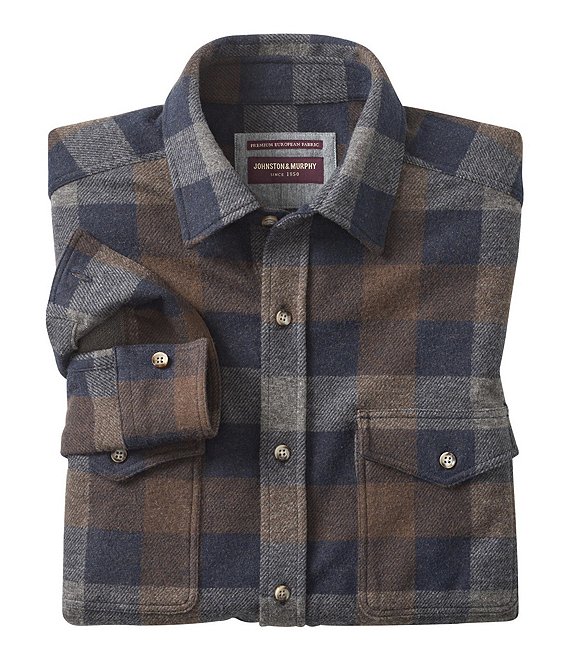 Johnston & Murphy Brushed Large Plaid Long Sleeve Woven Shirt, Navy/Brown Large Plaid - Image 1