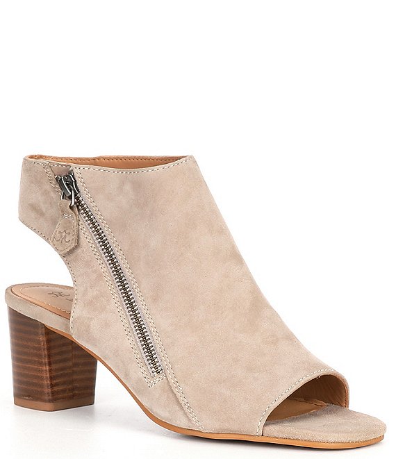 Color:taupe - Image 1 - Evelyn Side Zip Suede Open Toe Booties