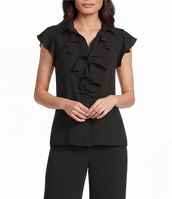 Jones New York Collared V-Neck Flutter Sleeve Ruffle Button Front Blouse